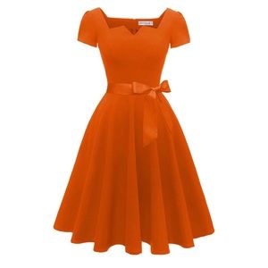 NWOT Girstunm Orange Short Sleeve Classic Tea Fit & Flare Dress w Sash, Size M